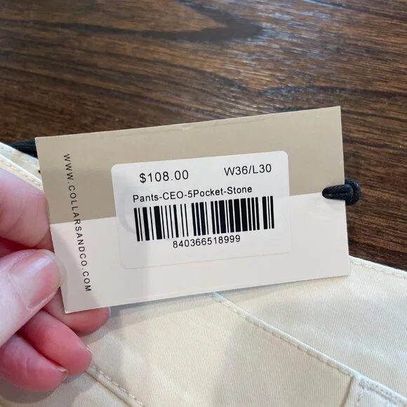 NWT Collars & Co. Men's 36x30 CEO 5-Pocket Pant Cotton Stretch Stone Cream - Picture 4 of 12